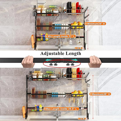 ADBIU Over Sink Dish Drying Rack (Expandable Height/Length) Snap-On Design Large Dish Drainer Storage Counter Organizer 32-40L x 12W x 34-38H (inches) - Image 2