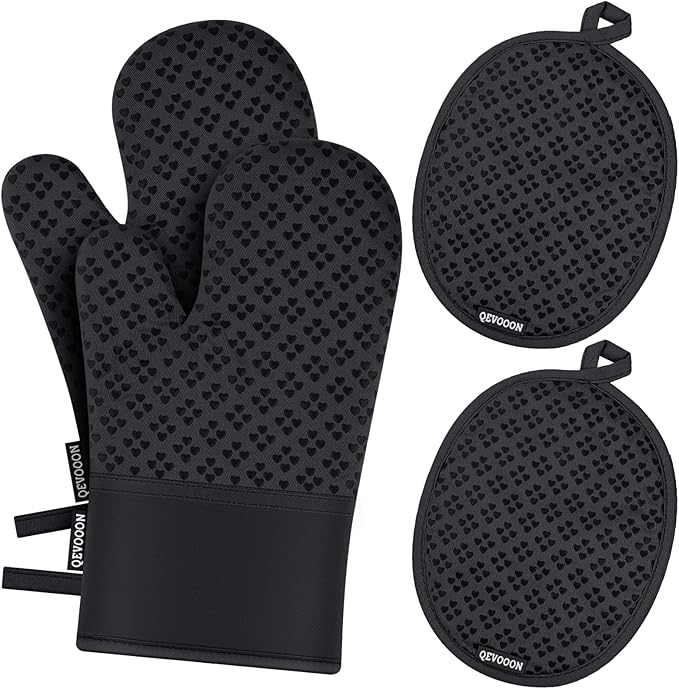 Oven Mitts and Pot Holders 4 Sets, Heat Resistant 500 ℉ Oven Mitt and Pot Holder,Oven Glove&Potholders with Non-Slip Silicone Surface,Kitchen Essentials for Cooking/Baking/BBQ-Black by QEVOOON
