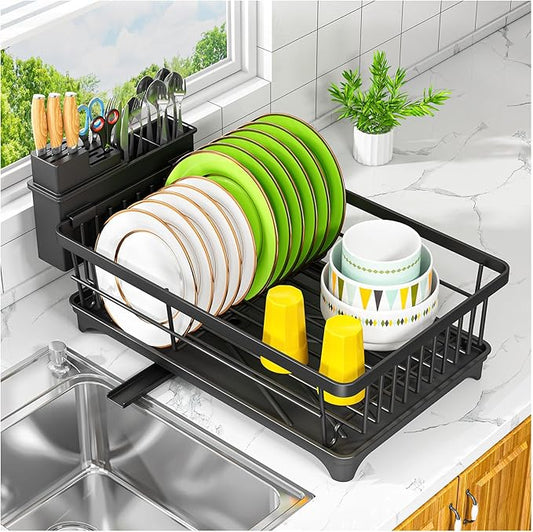Kmiectse Dish Drying Rack - Space-Saving Small Dish Rack for Kitchen Counter, Rust-Resistant Kitchen Drying Rack, Compact Dish Drainer Organizer with Utensil Holder for Home Kitchen, Black by Kmiectse