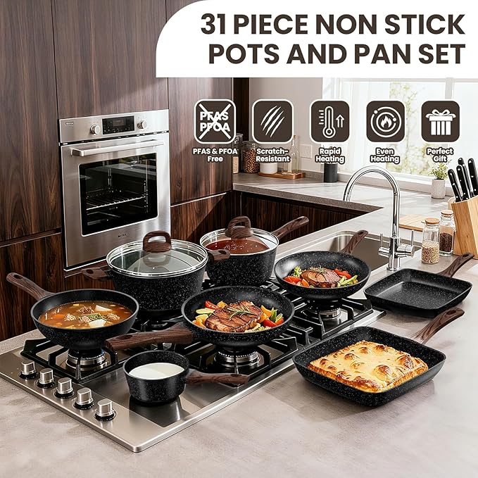 Pots and Pans Set Non Stick, 31 Piece Kitchen Induction Cookware & Bakeware Set, Nonstick Kitchen Cooking Pans Set with Frying Pans Set Grill Pan Saucepan Baking Sheet & Utensils, PFOA Free - Image 5