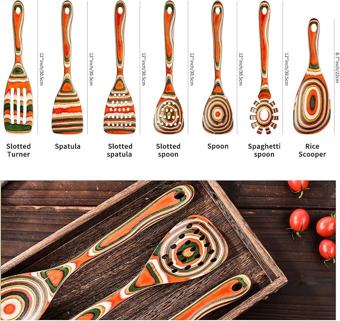 Gudamaye Pakkawood 7-Piece Red Wooden Cooking Utensils, Wooden Spoons for Cooking,Wooden Spoon Set, Wooden Kitchen Utensil set, Pakkawood kitchen Utensils for Serving, Bridal Shower Gifts - Image 2