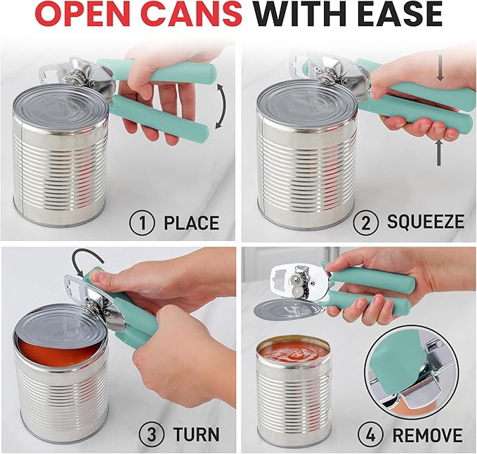 Zulay Kitchen Heavy Duty Stainless Steel Manual Can Opener – Ergonomic Soft Grip Handles, Smooth Edge Cutting Wheel & Large Built In Bottle Opener – Easy Turn Knob for Effortless Use - Mint - Image 6