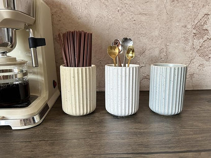 TOPYOKK Stoneware Coffee Bar Utensil Holder Tea & Coffee Spoon & Stirrer Holder for Stir Stick Straw Teaspoon Holder Spoon Cup Small Utensil Jar Fluted Vertical Stripe (Spotted White) - Image 2