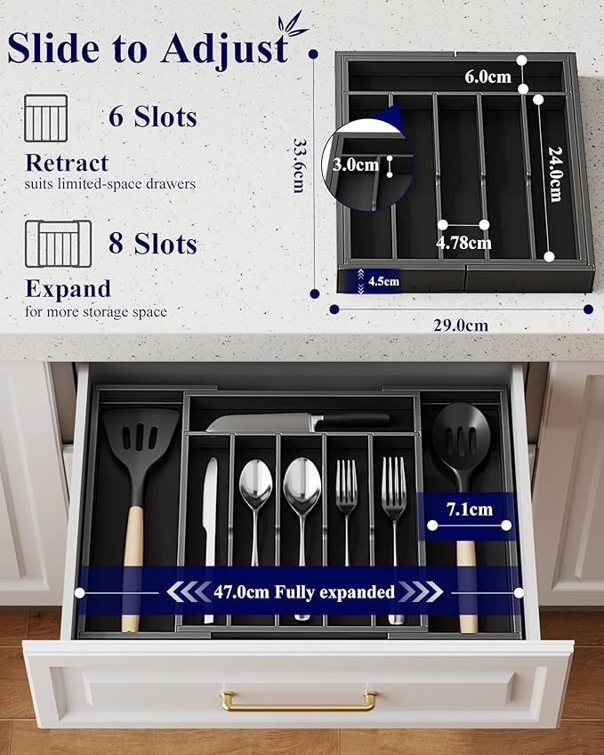 Kitsure Silverware Organizer - Expandable Bamboo Kitchen Drawer Organizer for Cooking Utensils and Cutlery, Sturdy & Thickened Kitchen Organizers and Storage Solution, Large, Black - Image 2