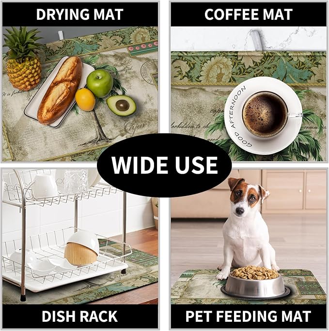 Palm Tree Kitchen Dish Drying Mat for Dishes 16x18 Inch Summer Vintage Tropical Leaves Green Jungle Plant Drying Mat Botanical Dish Drainer Mat Super Absorbent Dish Rack Pad for Coffee Bar Sinks - Image 7