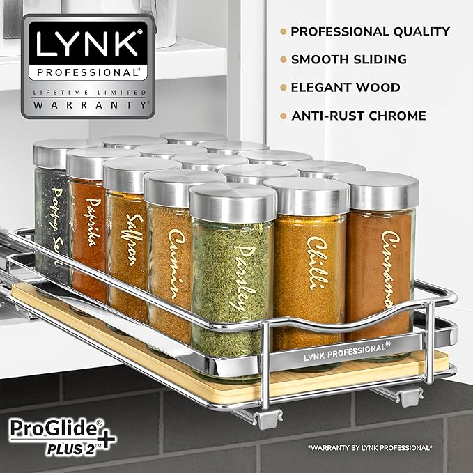 LYNK PROFESSIONAL® Élite™ Pull Out Spice Organization for Cabinets - 6-3/8 inch Wide – Spice Rack for Inside Cabinets – Wood/Chrome - Sliding Spice Rack Organizer for cabinet – Spice Rack - 1 Tier - Image 2