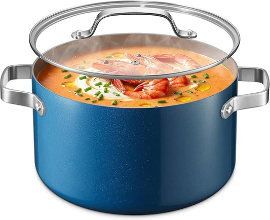 Bakken 8.5 Quart Ceramic Coated Stock Pot with Lid, Easy Clean Nonstick Pot, Tempered Glass Lid, Riveted Stainless Steel Handles, Oven Safe Up To 500°F, PTFE & PFAS Free, All Stove Compatible, Blue by BAKK%C3%8BNMASTER