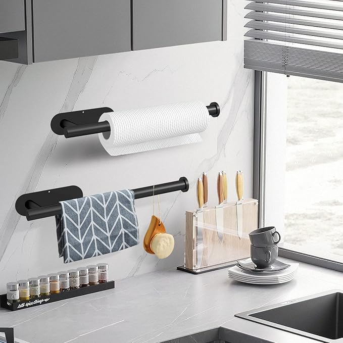 DEKAVA Under Cabinet Wall Mount Paper Towel Holder, Self-Adhesive Bar, Stainless Steel 13 inch (Black, 2) - Image 2