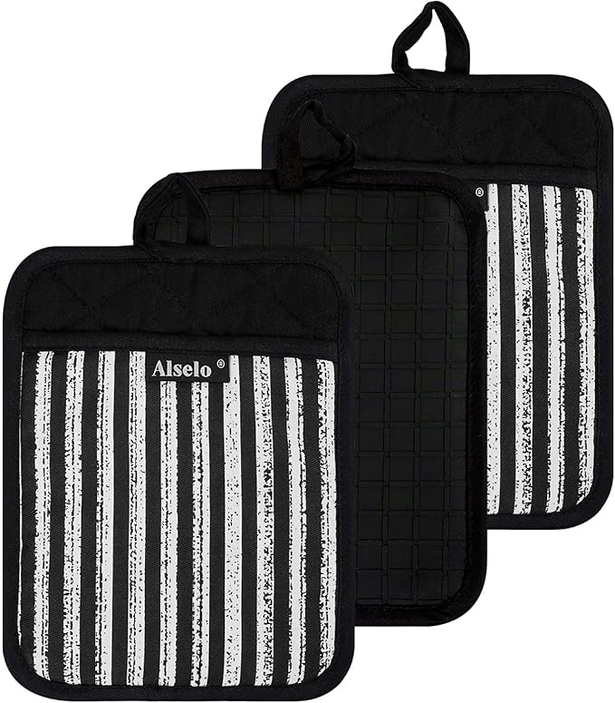 Alselo Silicone Pot Holders Set of 3 Heat Resistant & Non Slip Potholders, Professional Oven Hot Pads with Pockets Mitts for Kitchen Cooking Baking Barbecue (3, Black) by Alselo-Enjoyahealthylife