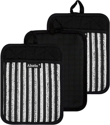 Alselo Silicone Pot Holders Set of 3 Heat Resistant & Non Slip Potholders, Professional Oven Hot Pads with Pockets Mitts for Kitchen Cooking Baking Barbecue (3, Black) by Alselo-Enjoyahealthylife