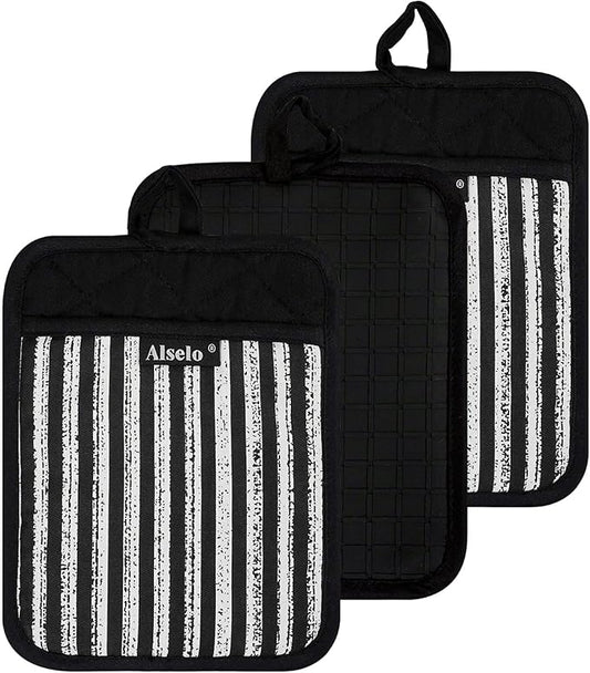Alselo Silicone Pot Holders Set of 3 Heat Resistant & Non Slip Potholders, Professional Oven Hot Pads with Pockets Mitts for Kitchen Cooking Baking Barbecue (3, Black) by Alselo-Enjoyahealthylife