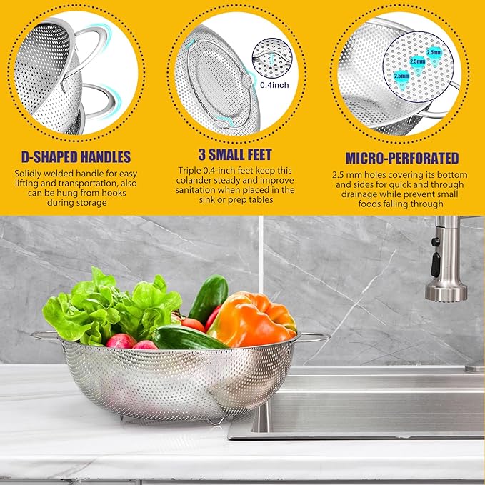 E-far 3QT & 5QT Colander Set of 2, Stainless Steel Micro-Perforated Colander Strainer with Handle for Kitchen/Draining Pasta/Rinsing Vegetables Fruits, Heavy Duty Metal & Dishwasher Safe - Image 5