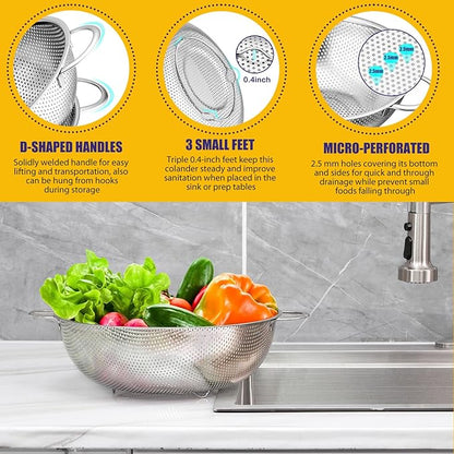 E-far 3QT & 5QT Colander Set of 2, Stainless Steel Micro-Perforated Colander Strainer with Handle for Kitchen/Draining Pasta/Rinsing Vegetables Fruits, Heavy Duty Metal & Dishwasher Safe - Image 5