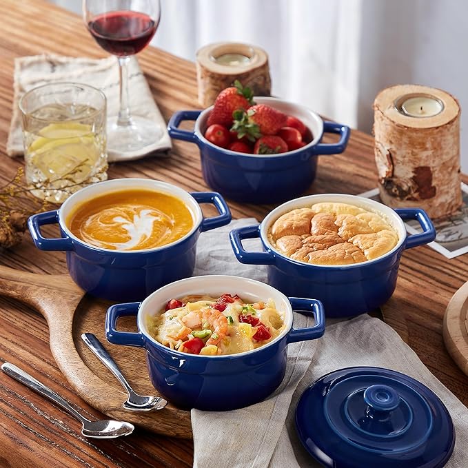 Lareina Mini Cocotte - 12oz Ceramic Casserole Dishes - Kitchen Casserole Sets With Handles And Lid - Small Baking Ramekins - Oven, Microwave & Dishwasher Safe - Set of 4 - Blue - Image 3