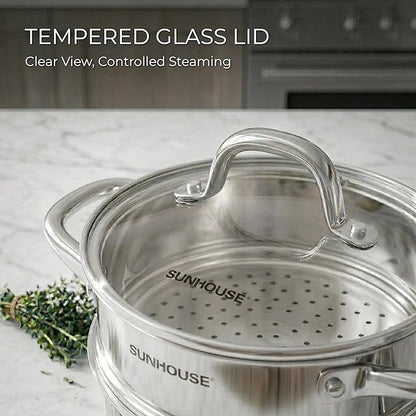 SUNHOUSE Stainless Steel Sauce Pan with Lid - Tri-Ply 2 Quarts Steamer for Cooking, Small Cooking Pot with Steamer Basket, Induction Compatible Steam Pot for Vegetable - Image 2