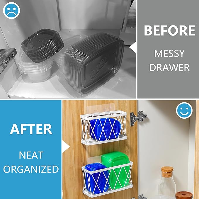 YIGII 3 Pack Adhesive Cabinet Door Organizer - Lid Storage Organizer for Tupperware, Wall Mounted Pantry Door Organizer Kitchen RV Storage Wall Under Sink Basket Slim Space, White Stainless Steel - Image 3