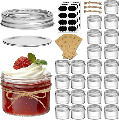 ComSaf Small Regular Mouth Mason Jars Bulk 4oz 24PCS Mini Mason Containers, Small Canning Jars, 4 oz Glass Jar with Lids for Mustards, Dipping Sauces, Jelly, DIY Candle Decor, Wedding Shower Favors by ComSaf