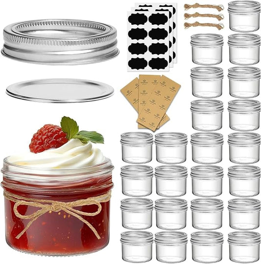 ComSaf Small Regular Mouth Mason Jars Bulk 4oz 24PCS Mini Mason Containers, Small Canning Jars, 4 oz Glass Jar with Lids for Mustards, Dipping Sauces, Jelly, DIY Candle Decor, Wedding Shower Favors by ComSaf