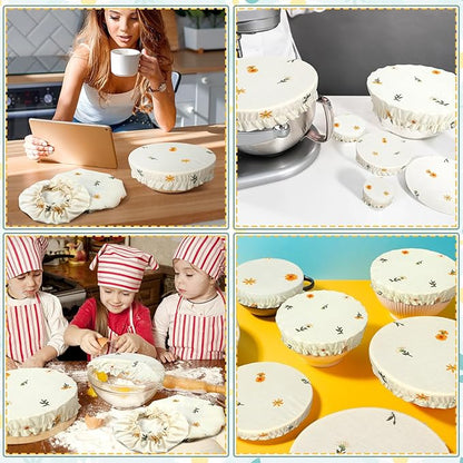 Patelai 10 Pcs Bowl Covers Reusable in 5 Size Stretch Cloth Fabric Elastic Food Storage Bowl Covers Bread Sourdough Lids for Proofing Food Fruits Leftover(Yellow, Green, White,Embroidery Daisy) - Image 6