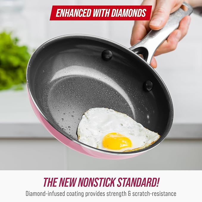 Blue Diamond 8" Nonstick Frying Pan Skillet, Ceramic Diamond Infused PFAS-Free, Dishwasher & Oven Safe, Stay Cool Handle, Durable Non Toxic Metal Utensil Safe, Egg & Omelet Pan, Pink - Image 2