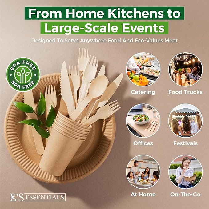700 PCS Wooden Cutlery Set - 100% Compostable Silverware (300 Forks, 200 Spoons, 200 Knives) - Eco-Friendly Wooden Utensil Set & Disposable Party Utensils, Alternative to Bamboo Cutlery - Image 7