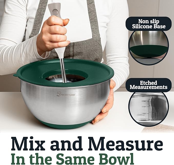 Priority Chef Stainless Steel Mixing Bowls with Lids Set, 3 Grater Attachments, Airtight Lids, Non-Slip Silicone Base Mixing Bowl Set, Large Prep Metal Mixing Bowls for Kitchen, Green - Image 3