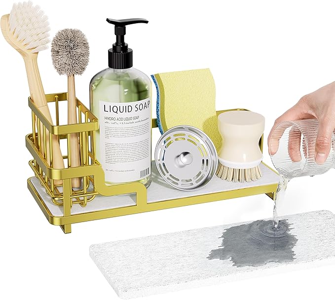 Consumest Sponge Holder for Kitchen Sink - Sink Caddy Organizer with Water Absorbing Stone Tray, Detachable Brush Holder, Stainless Steel Kitchen Counter Organizer Rack, Gold by Consumest