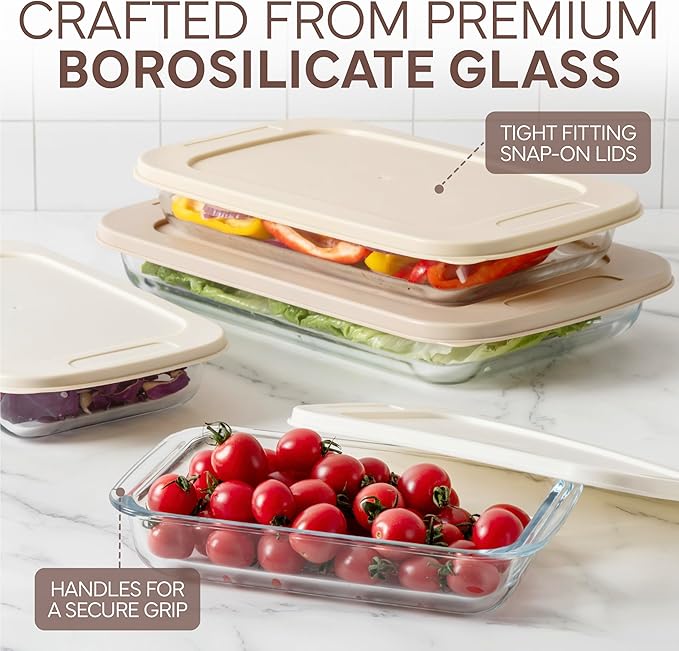 COOK WITH COLOR 8 PC. Glass Baking Dish Set with Lids - Deep Casserole Dish, Glass Food Container, Oven, Freezer and Microwave Safe, Clear Container, Brown - Image 5