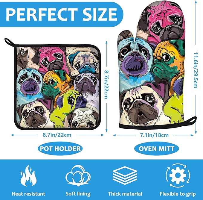 Colorful Pug Dog Face Oven Mitts and Pot Holders Sets Heat Resistant 4Pcs Potholders Oven Gloves Hot Pads for Kitchen Baking Cooking Grilling BBQ