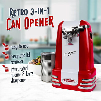 Nostalgia Retro Electric Can Opener for Kitchen with Magnetic Lid Remover, Knife Sharpener, and Soda or Beer Bottle Opener, Red