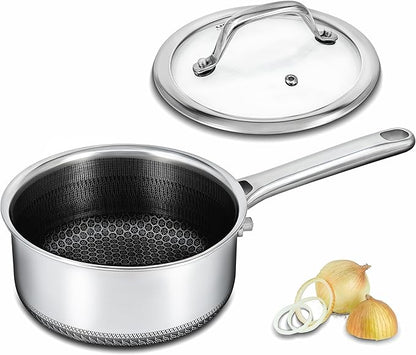 Hybrid Nonstick 1.5 QT Saucepan with Lid, Stainless Steel Honeycomb Pot with Two Pour Spouts,Compatible with All Cooktops,Dishwasher and Oven Safe
