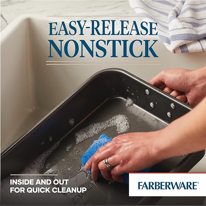 Farberware Bakeware Nonstick Steel Roaster with Flat Rack, 11-Inch x 15-Inch, Gray - Image 3
