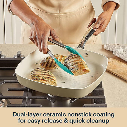 Pyrex 11-Inch Grill Pan Ceramic Cookware with Stainless Steel Handle, Healthy Nonstick Ceramic Coating, Induction Compatible Stainless Steel, PFAS Lead Cadmium BPA Free