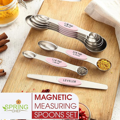 Spring Chef Stainless Steel Magnetic Measuring Spoons Set of 8 with Leveler, Dual Sided Teaspoon & Tablespoon Measuring Spoons with Strong Magnets, Kitchen Gadgets for Baking & Cooking - Pink Lemonade - Image 3