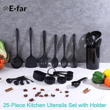 E-far Silicone Cooking Utensils Set, 25 Piece Kitchen Utensils with Holder, Non Toxic Kitchen Tools Spatula, Turner, Spoon, Ladle for Nonstick Cookware, Heat Resistant & Dishwasher Safe - Black