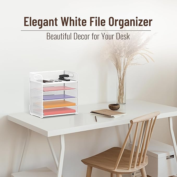 2 Pack 5-Tier White Desk Organizer with Handle Mesh Desk File/Paper Organizer Letter Tray for Office, School and Home Easy Installation - Image 2