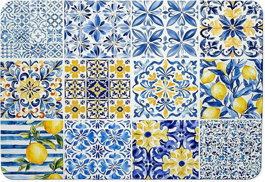 Mediterranean Tiles Dish Drying Mat, Blue White Italy Lemons Coffee Bar Mat for Countertops, Vintage Azulejo Absorbent Dish Drying Mats for Kitchen Counter Coffee Maker, 16x24 Inch