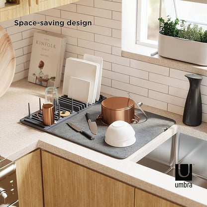 Umbra Udry Dish Rack with Movable Pegs and Microfiber Drying Mat – Space-Saving Design Folds Up for Easy Storage, Basic Rack, Dark Grey