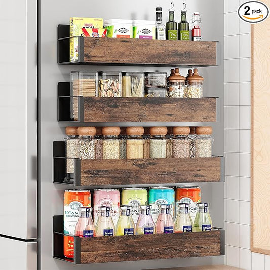 Vetacsion 4 Pack Moveable Fridge Magnetic Spice Racks,Metal(Wood)