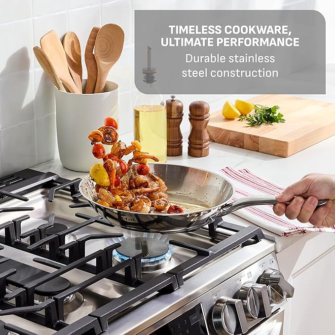 T-Fal Gourmet 11" & 12" Stainless Steel Pan Set, Induction Compatible, Dishwasher Safe, Oven Safe to 500°F, Skillet Set, Frying Pans, Silver - Image 2