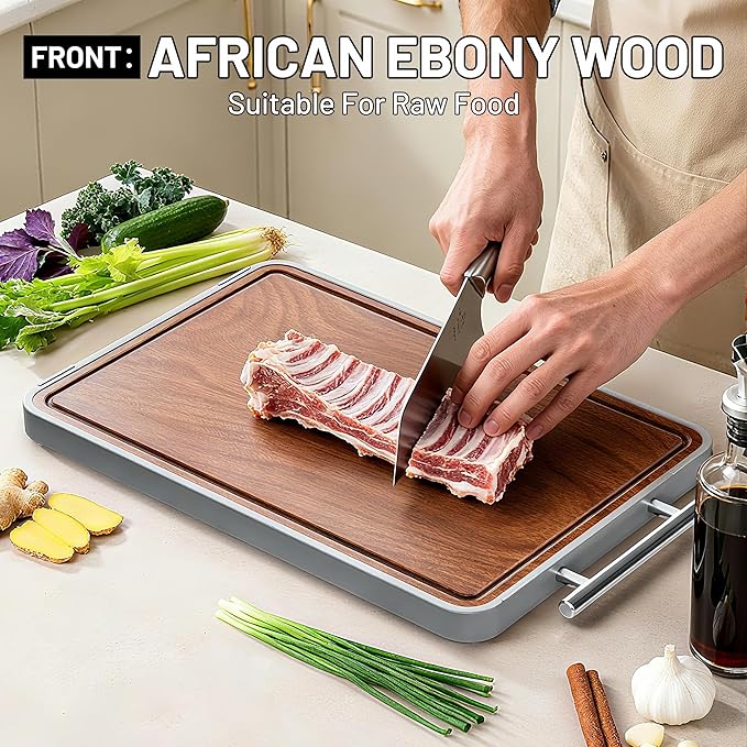 Titanium Cutting Boards For Kitchen,Ebony Wood Cutting Board,Double Sided Metal Chopping Board With Handle And Juice Groove, Idea Kitchen Appliances For Meat And Charcuterie - Image 2