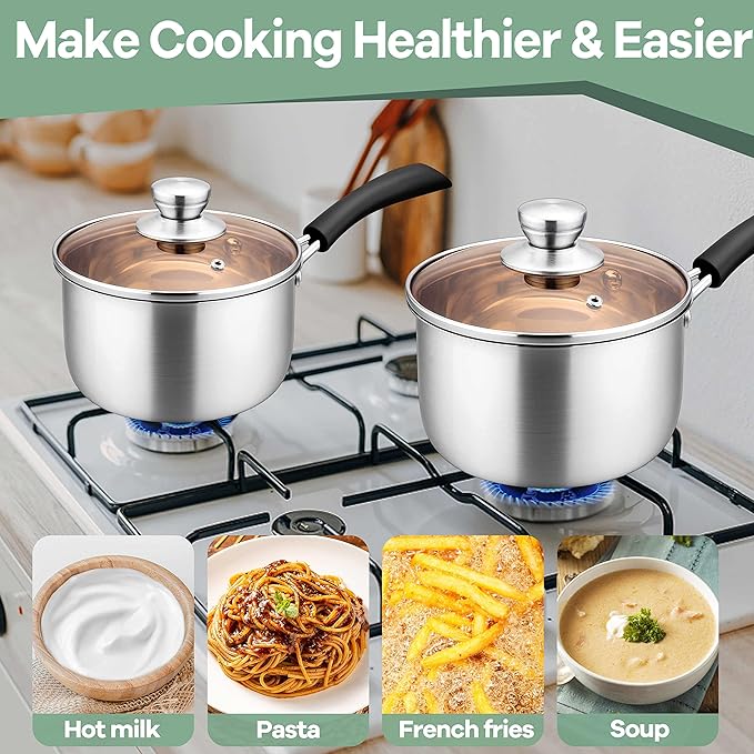 Herogo 1 Quart & 2 Quart Saucepan Set with Lid, 18/10 Stainless Steel Sauce Pan Pot, 2Qt 1Qt Saucepan for Home Kitchen Restaurant, Dishwasher Safe - Image 8