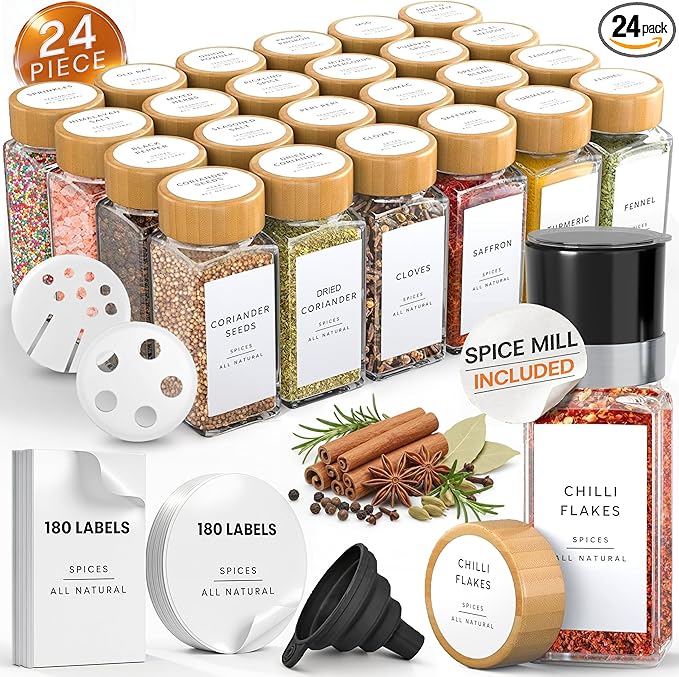 Glass Spice Jars with 360 Labels -24 pcs- 4oz- Spice Containers with Bamboo Lids -Shaker Lids- Pepper Grinder-Spice Organization for Cabinet-Drawer-Rack-Seasoning Organizer-Square bottles by Livabl