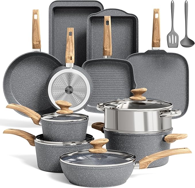 MAISON ARTS 17 Piece Pots and Pans Set Non Stick, Kitchen Cookware Sets with Nonstick Granite Stone Coating, Suitable for Induction Cooktops, Grey by MAISONARTS