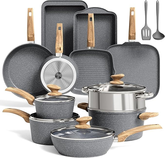 MAISON ARTS 17 Piece Pots and Pans Set Non Stick, Kitchen Cookware Sets with Nonstick Granite Stone Coating, Suitable for Induction Cooktops, Grey by MAISONARTS