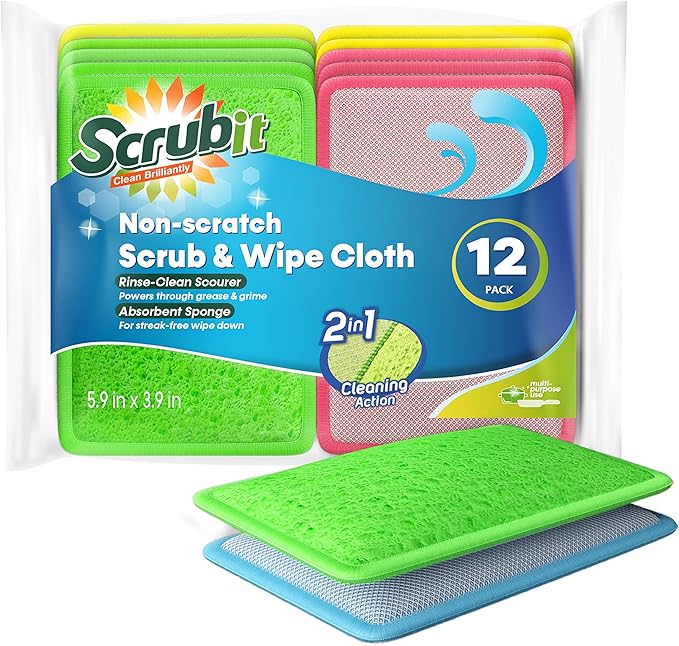 SCRUBIT - [12 Pack] Scrub and Wipe Cleaning Pads – Dual Sided Scouring Pad and Dish Sponge -Reusable Kitchen Sponge for Pots, Pans Utensils & Non-Stick Cookware - Assorted Color Dishwashing sponges by SCRUBIT
