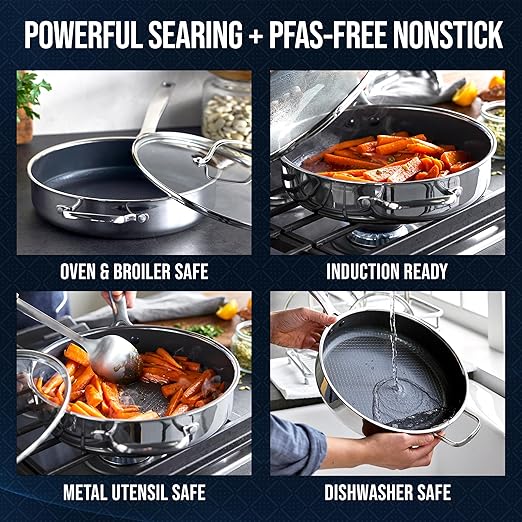Blue Diamond Hybrid Nonstick Stainless Steel 4QT Saute Pan with Glass Lid, PFAS-Free Ceramic Diamond Bond, Deep Jumbo Skillet, Induction Ready, Dishwasher & Metal Utensil Safe, Stay-Cool Handle - Image 3