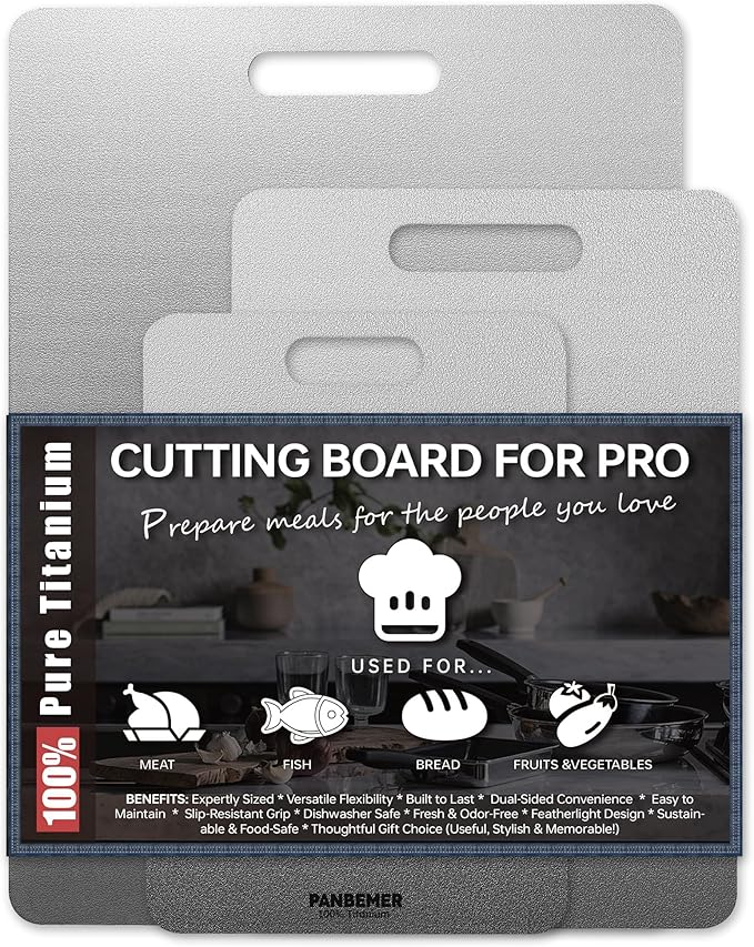 Titanium Cutting Boards for Kitchen, Set of 3 Food Grade 100% Pure Titanium Double-Sided Chopping Boards, Non-Toxic, Dishwasher Safe, Easy to Clean – 10", 12", 16" by Panbemer