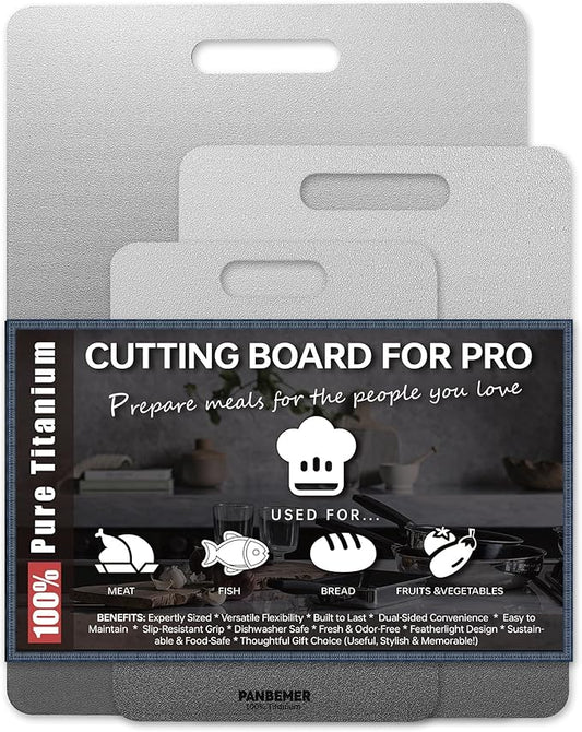 Titanium Cutting Boards for Kitchen, Set of 3 Food Grade 100% Pure Titanium Double-Sided Chopping Boards, Non-Toxic, Dishwasher Safe, Easy to Clean – 10", 12", 16" by Panbemer