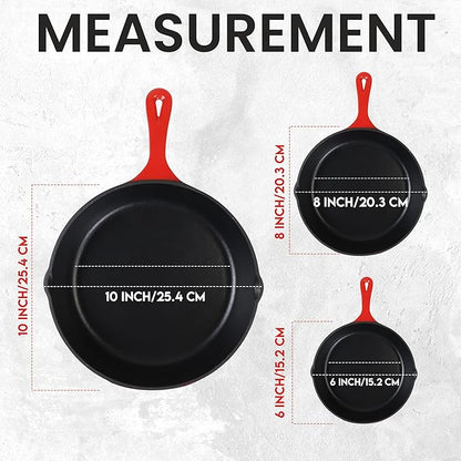 Utopia Kitchen Cast iron Skillets 3 Piece Set,Chefs Pan, Pre Seasoned Cast iron Skillets, 6, 8 & 10 Inches, Easy Use in the Oven, Stove, Grill, or Campfire, Red - Image 2